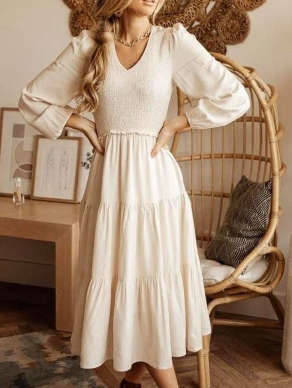 bohme Long Sleeve Cream Smocked V-Neck Tiered Midi Dress Medium